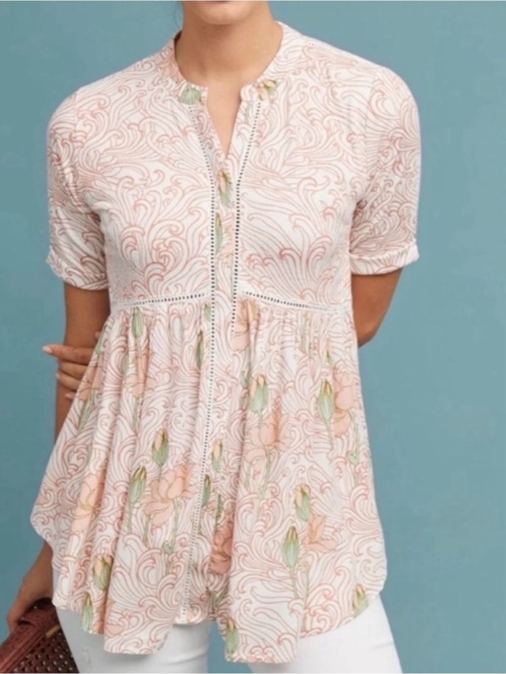 Anthropologie Akemi + Kin Printed Peplum Blouse Pink Floral Top Small